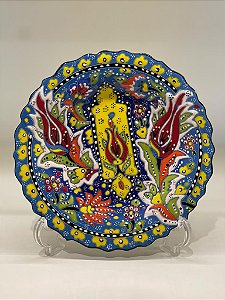Prato de Parede Pequeno - Turquia - Decorativo - Cerâmica - Relevo - Azul Claro