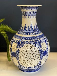Vaso Decorativo - Azul e Branco - Ceramica - 32CM