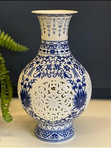 Vaso Decorativo - Azul e Branco - Ceramica - 25CM