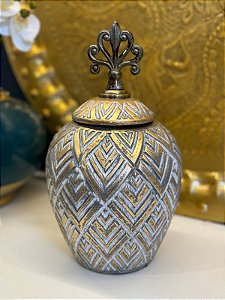 Vaso Potiche - Ceramica - Dourado e Cinza - 26CM
