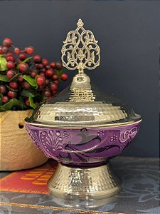 Tagine - Doceira Turca - Metal - Cerâmica Pintado à Mão - Prata e Roxo