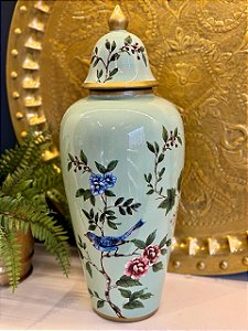 Potiche - Ceramica - Pássaros - Verde com Dourado - 46CM