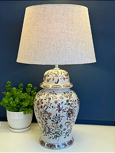 Abajur - Cerâmica - Bege e Flores - Com Cúpula