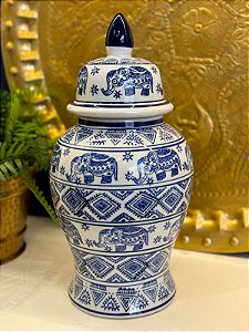 Potiche - Ceramica - Azul e Branco - Elefante  - 37CM