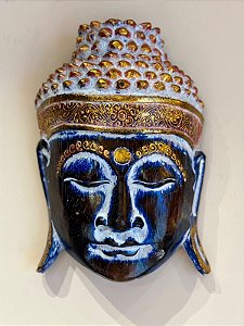 Cabeça Buda Esculpido - Madeira - Pintado à mão - Azul e Dourado