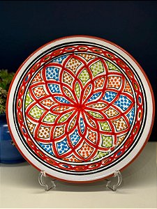 Prato de Parede Médio - Tunísia - Decorativo - Cerâmica - Pintado à mão - Vermelho e Colorido