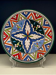 Prato de Parede Grande - Tunísia - Decorativo - Cerâmica - Pintado à mão - Azul e Colorido