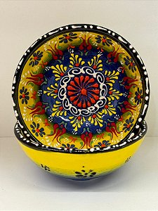 Bowl - Cerâmica - Turquia - Tamanho Médio - Alto Relevo - Amarelo e Azul
