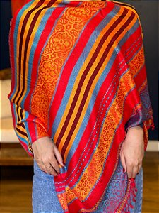 Pashmina de Viscose - Vermelho, Laranja e Azul