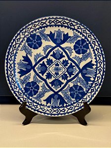 Prato Decorativo - Cerâmica - Azul e Branco - Grande