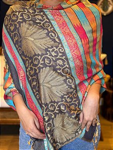 Pashmina de Viscose - Azul, Laranja e Rosa