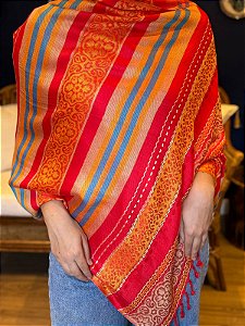 Pashmina de Viscose - Vermelho, Azul e Laranja