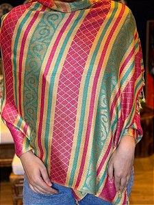 Pashmina de Viscose - Azul, Amarelo e Rosa