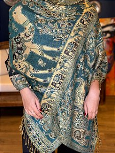 Pashmina de Viscose - Estampada - Dupla Face - Verde, Preto e Bege