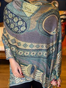 Pashmina de Viscose - Estampada - Dupla Face - Verde, Cinza e Bege