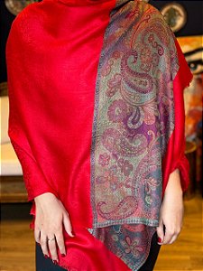 Pashmina de Viscose - Estampada - Vermelho, Roxo, Verde e Azul