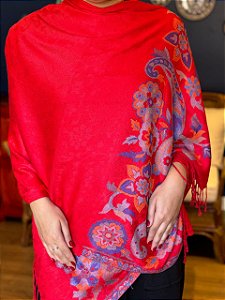 Pashmina de Viscose - Estampada - Vermelho, Laranja e Roxo