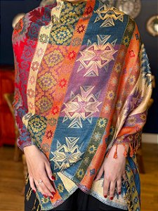 Pashmina de Viscose - Estampada - Dupla Face - Roxo, Laranja, Azul e Vermelho