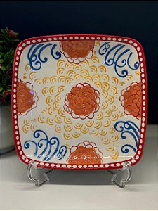 Prato - Cerâmica - Pintado à mão - Terracota, Azul e Amarelo