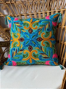 Capa de Almofada Bordada Tassel 45x45 Azul