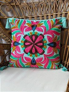 Capa de Almofada Bordada Tassel 45x45 Turquesa