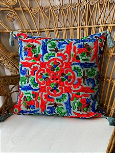 Capa de Almofada Bordada Tassel 45x45 Azul Claro