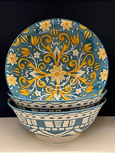 Saladeira - Cerâmica - Turquesa e Amarelo - Tamanho Pequeno