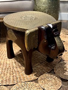 Banqueta Elefante com Aplique em Metal - Madeira - Grande - Pintado à Mão - Marrom e Dourado