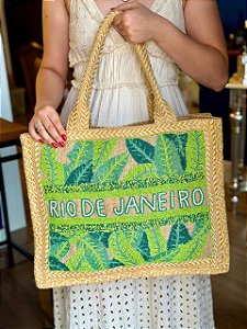 Bolsa Praia - Bordada - Com Miçangas - Rio de Janeiro - Verde e Palha