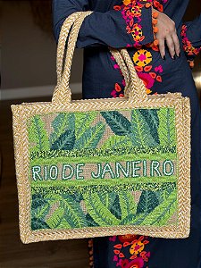 Bolsa Praia - Bordada - Com Miçangas - Rio de Janeiro - Verde e Palha