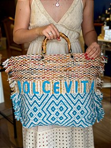 Bolsa Praia - Bordada - Com Miçangas - Dolce Vita - Azul, Dourado e Bege