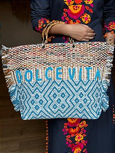 Bolsa Praia - Bordada - Com Miçangas - Dolce Vita - Azul, Dourado e Bege