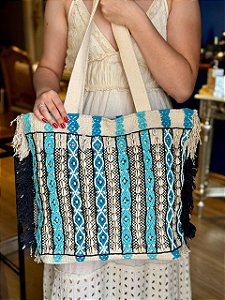 Bolsa Praia - Bordada - Com Miçangas e Conchas - Azul, Preto e Bege