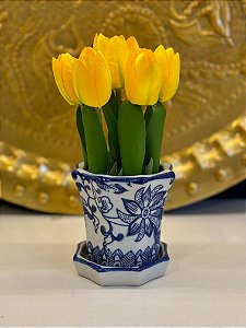 Cachepot em Ceramica - Branco e Azul - 9CM