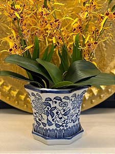 Cachepot em Ceramica - Azul e Branco - 20,5CM