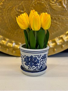 Cachepot em Ceramica - Branco e Azul - 10,5CM