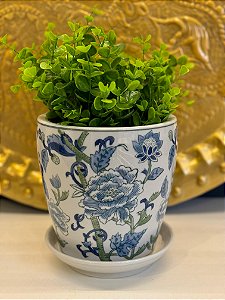 Cachepot em Ceramica - Azul e Verde - 15,5CM