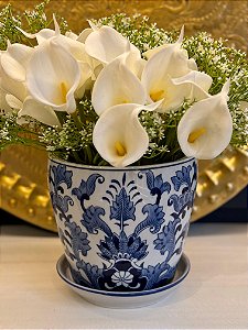 Cachepot em Ceramica - Azul e Branco - 20,5CM