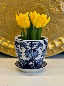 Cachepot em Ceramica - Azul e Branco - 12,5CM