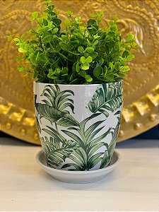 Cachepot em Ceramica - Verde e Branco - Folhas - 15,5CM