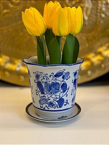Cachepot em Ceramica - Flor - Azul e Branco - 11,5CM