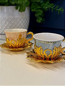 Xícara Turca - Par - Vidro - Laranja, Verde e Dourado