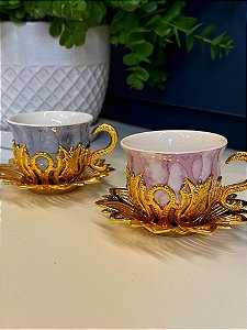 Xicara Turca - Par - Vidro - Azul, Rosa e Dourado