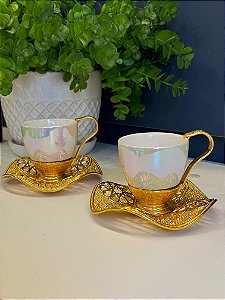 Xicara Turca - Par - Vidro - Furta-Cor e Dourado
