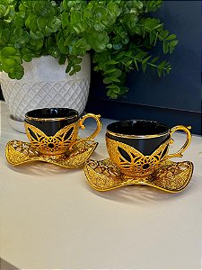 Xicara Turca - Par - Vidro - Dourado e Preto