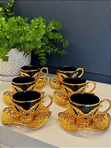 Jogo Xícara Turca - Conjunto 6 lugares - Dourado e Preto