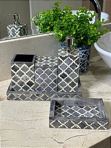 Kit Saboneteira - Osso e Metal - Cinza e Off White - 5 Peças