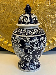 Potiche - Azul e Branco - Relevo - Ceramica - 35,5cm