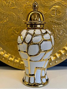 Potiche - Branco e Dourado - Relevo - Ceramica - 40cm