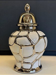 Potiche - Branco e Prata - Relevo - Ceramica - 31,5cm